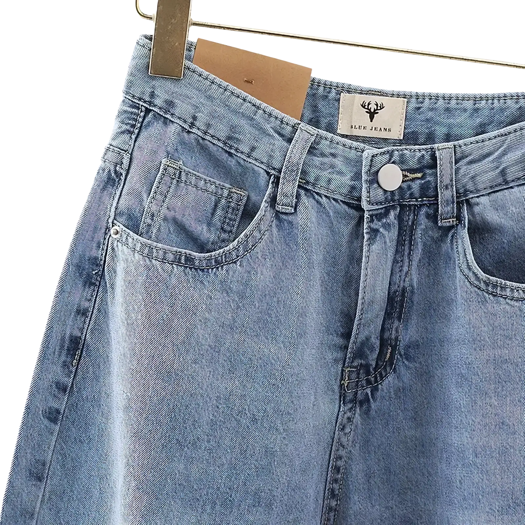 Women high waist baggy denim jeans in light wash with classic five-pocket design and white button closure