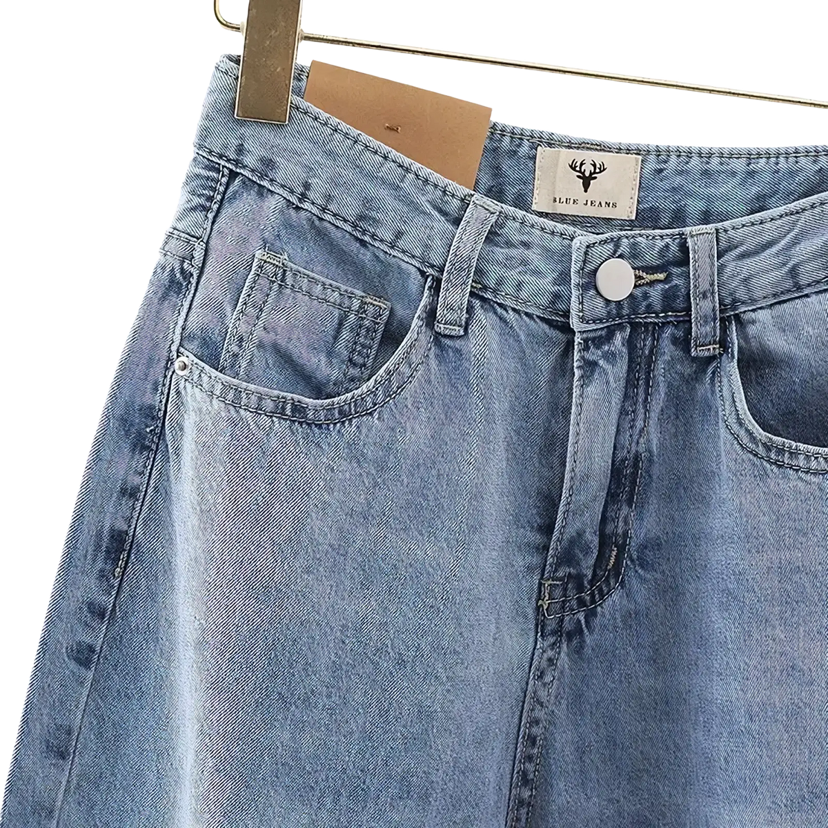 Women high waist baggy denim jeans in light wash with classic five-pocket design and white button closure