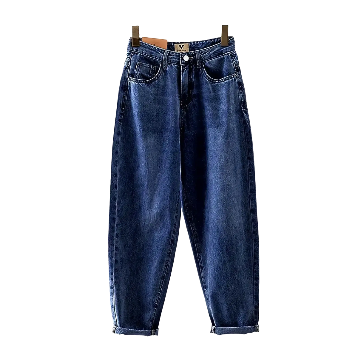 Women high waist light wash baggy denim jeans in faded blue with rolled cuffs made of cotton denim material