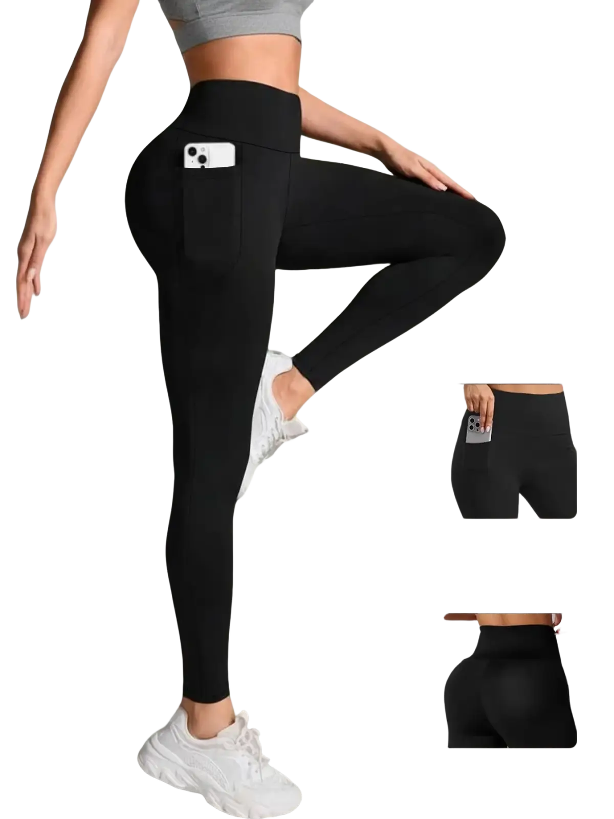 Black high waist pocket fitness leggings with side pockets and butt lifting design shown from the back side