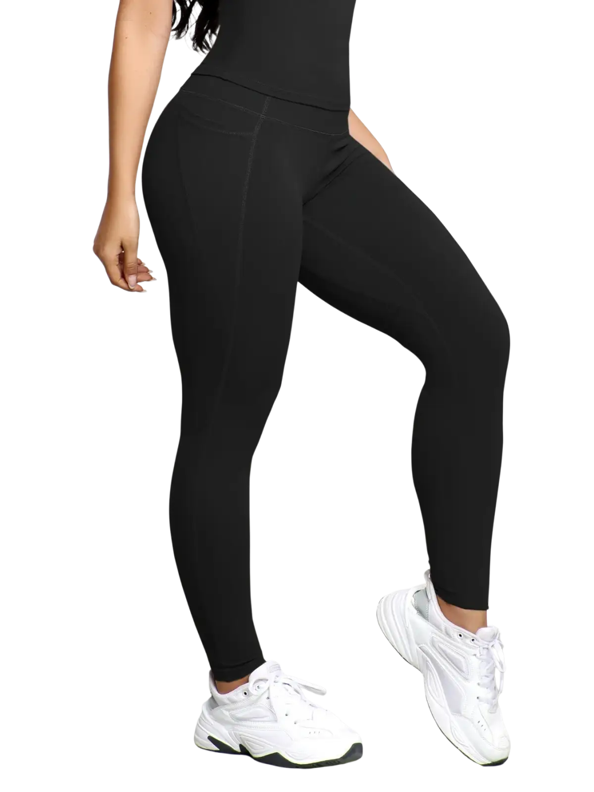 Women high waist pocket fitness leggings in black with sleek form-fitting design and subtle side seam detailing