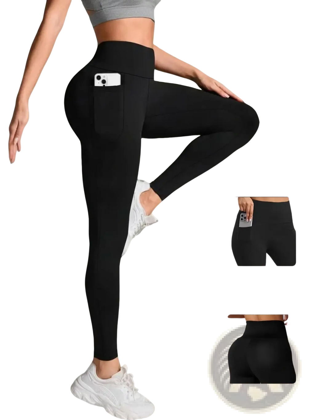 Black high waist pocket fitness leggings with side pockets and butt lifting design shown from the back side