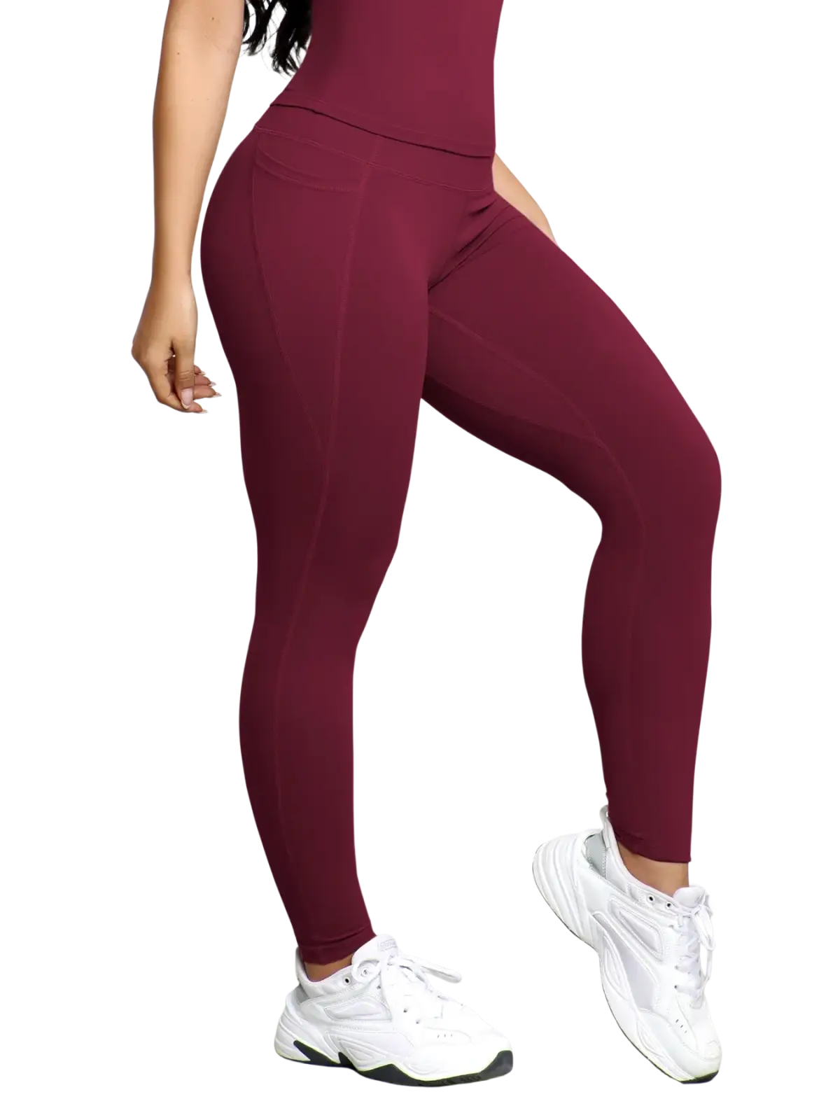 Women high waist pocket fitness leggings in maroon with smooth form-fitting fabric and subtle seam detailing