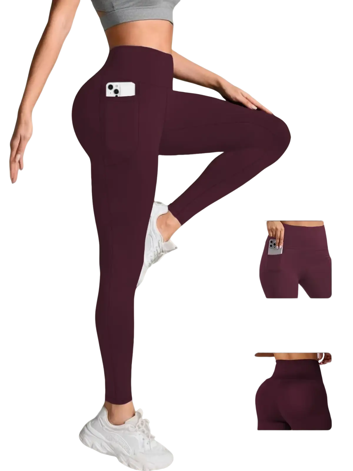 Women high waist maroon fitness leggings with side pockets and butt lifting design shown from the back side