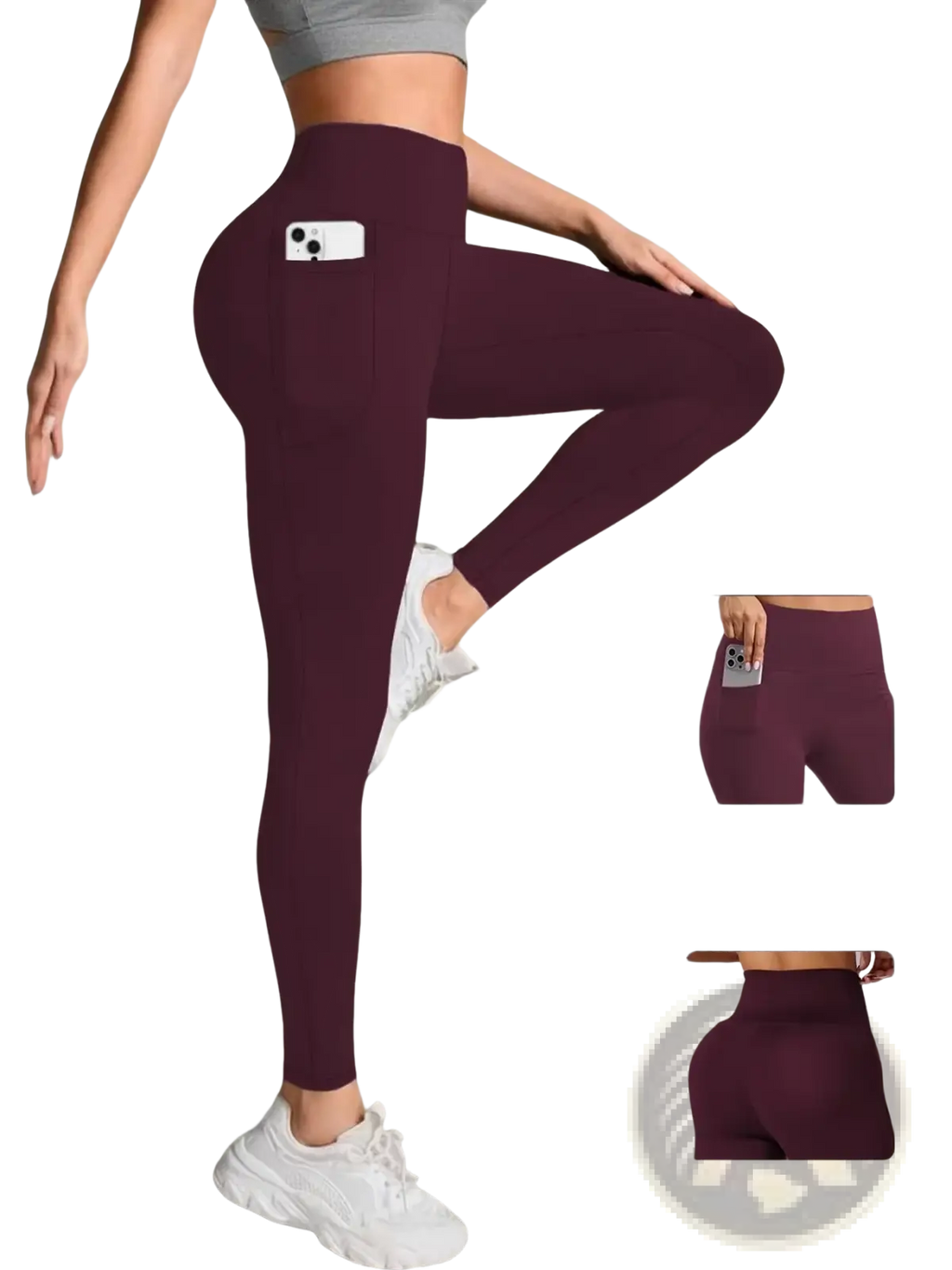 Women high waist maroon fitness leggings with side pockets and butt lifting design shown from the back side