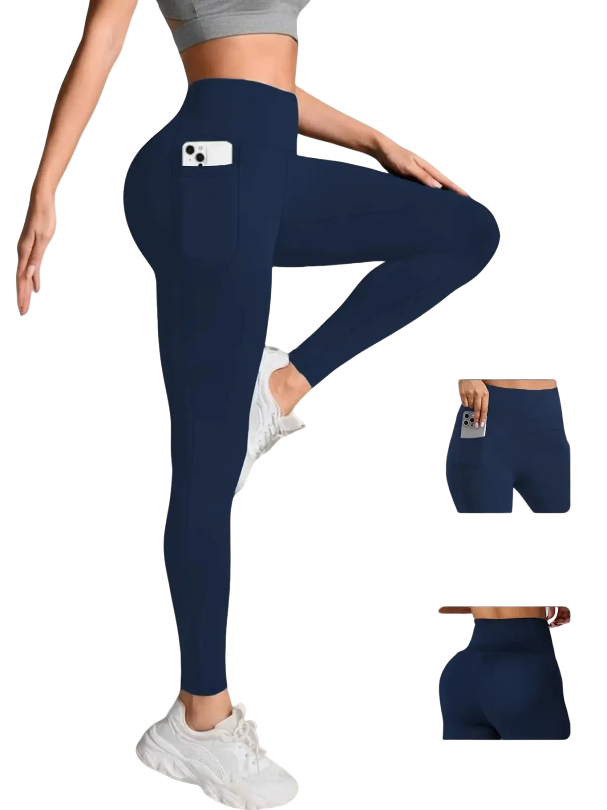 Navy blue women high waist pocket fitness leggings with side pockets and butt lifting design shown from back side
