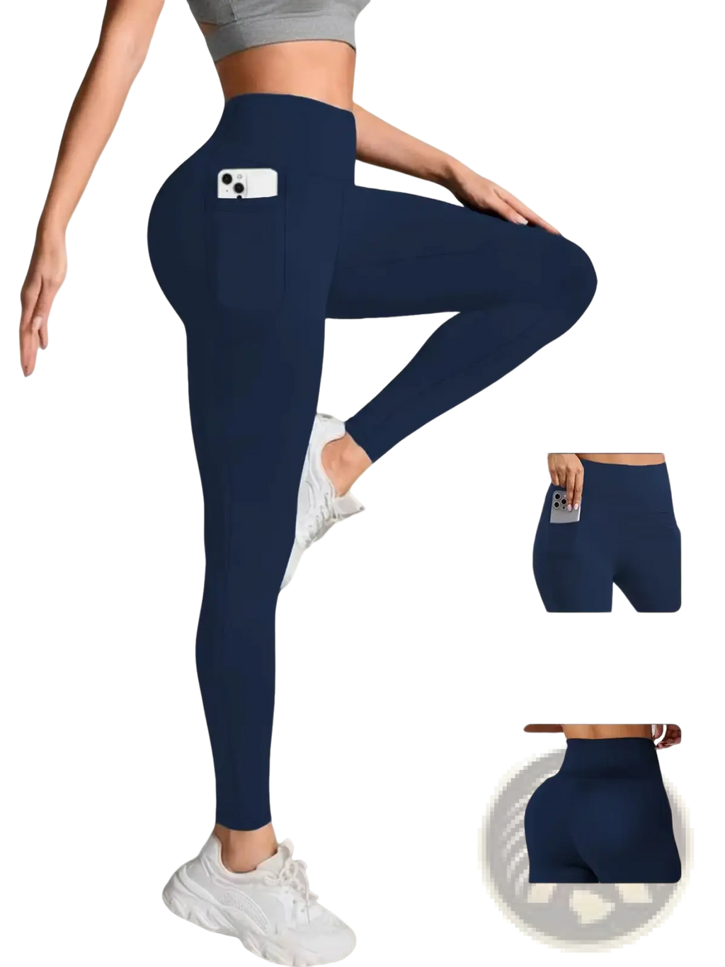 Navy blue women high waist pocket fitness leggings with side pockets and butt lifting design shown from back side