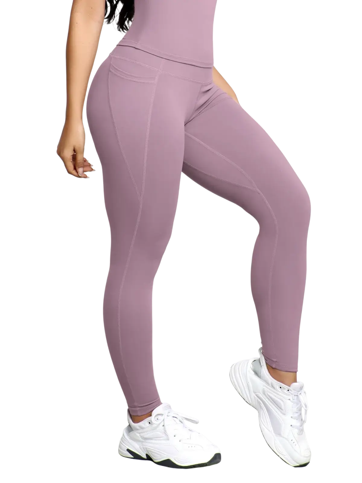 Women high waist fitness leggings in mauve with form-fitting design, subtle seam detailing, and a side pocket
