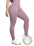 Women high waist fitness leggings in mauve with form-fitting design, subtle seam detailing, and a side pocket