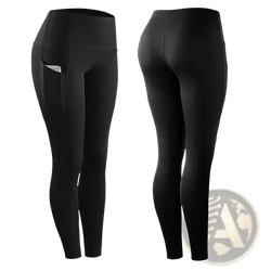 Black high waist pocket yoga leggings made of stretchy fabric featuring side pockets for women