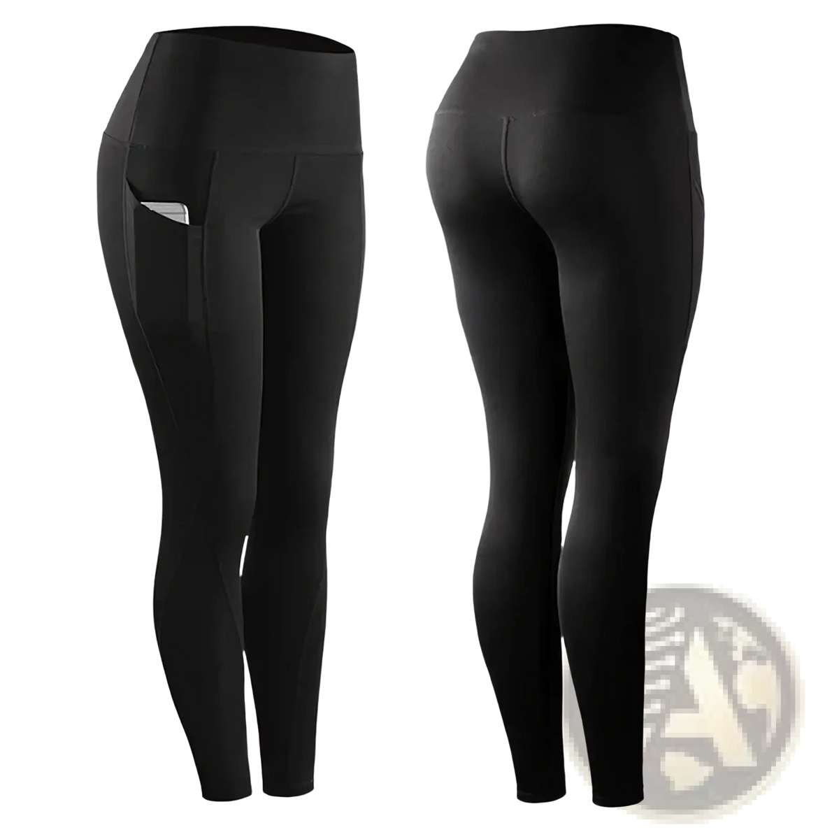 Black high waist pocket yoga leggings made of stretchy fabric featuring side pockets for women