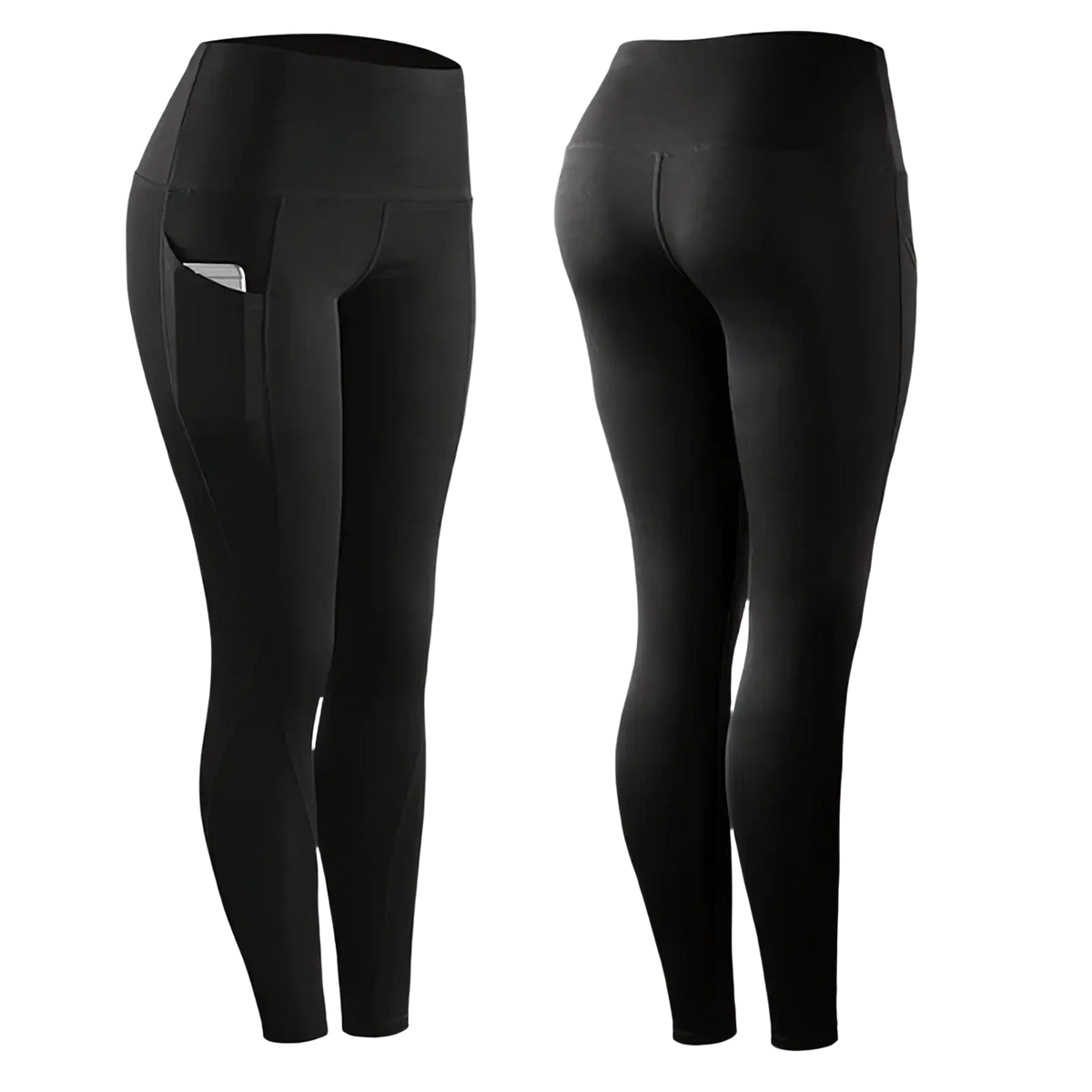 Black high waist pocket yoga leggings made of stretchy fabric featuring side pockets for women