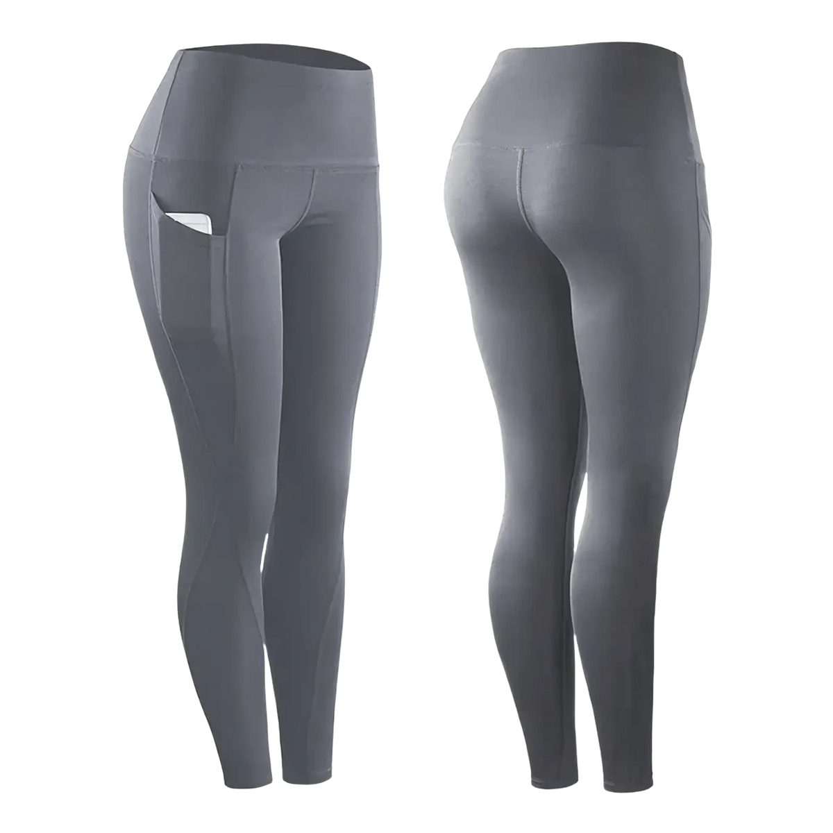 Women high waist gray leggings with side pockets in a sleek form fitting design ideal for yoga and workouts