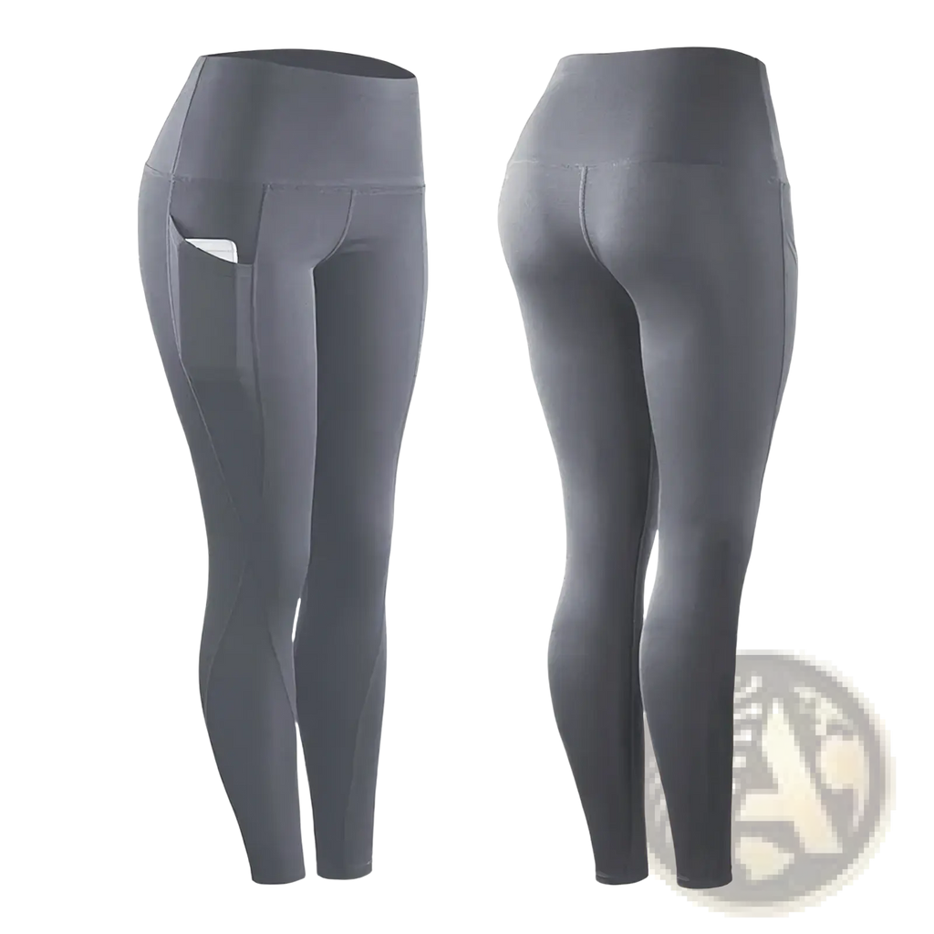 Women high waist gray leggings with side pockets in a sleek form fitting design ideal for yoga and workouts