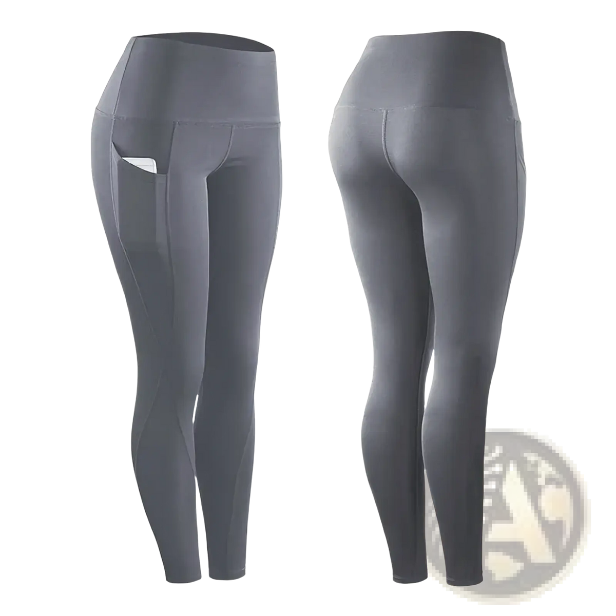Women high waist gray leggings with side pockets in a sleek form fitting design ideal for yoga and workouts