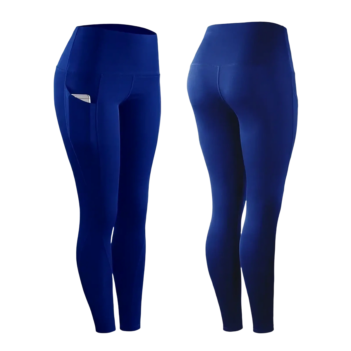 Royal blue high waist pocket yoga leggings with sleek form-fitting design and side pockets for women