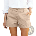Beige high waisted women bermuda shorts in chino fabric with rolled cuffs and button closure