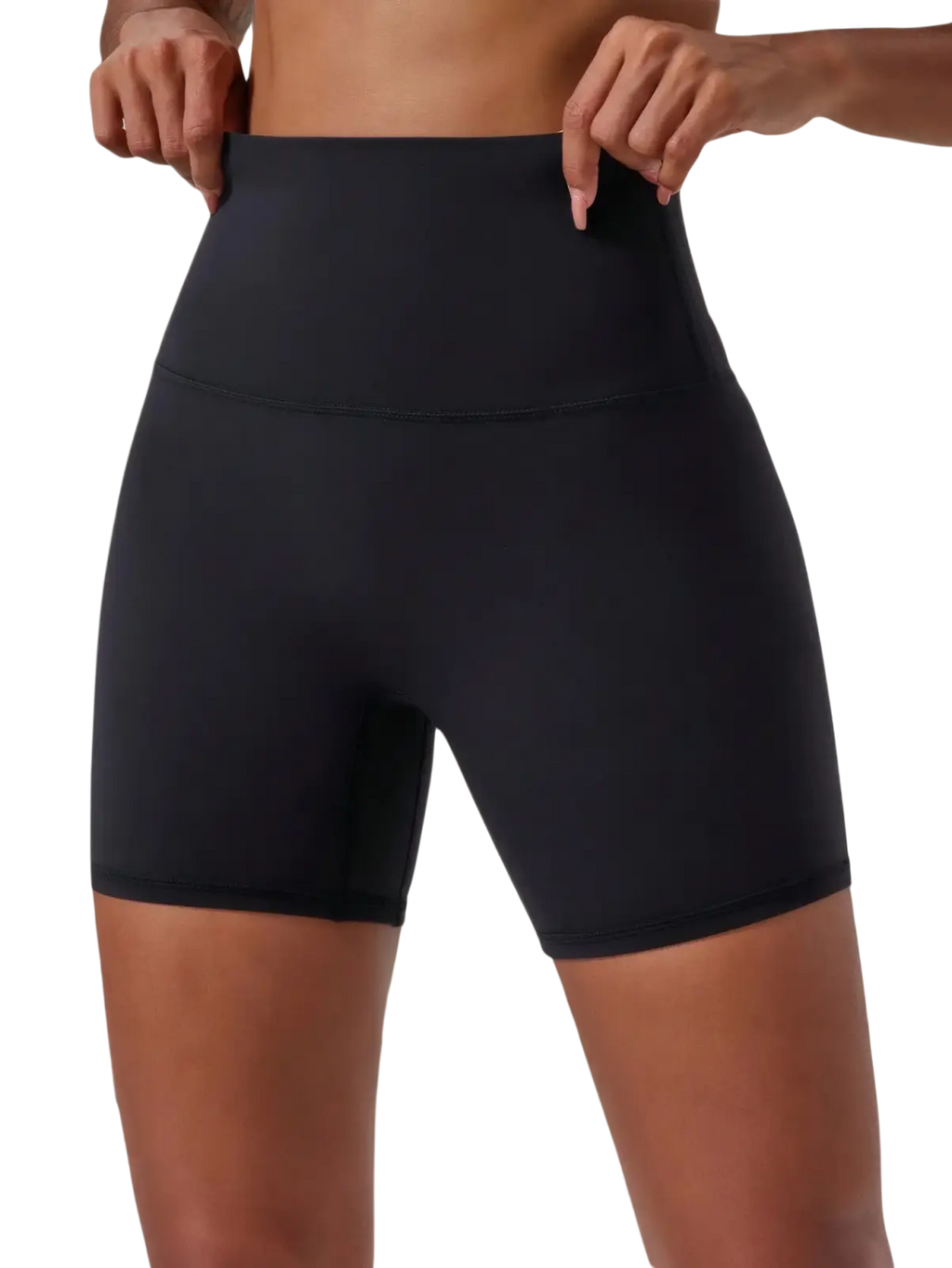 Women high waisted black stretchy athletic shorts made of smooth seamless fabric for activewear use