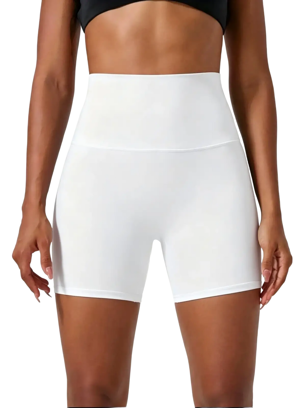 White high waisted bike shorts with smooth stretchy fabric finish designed for athletic use
