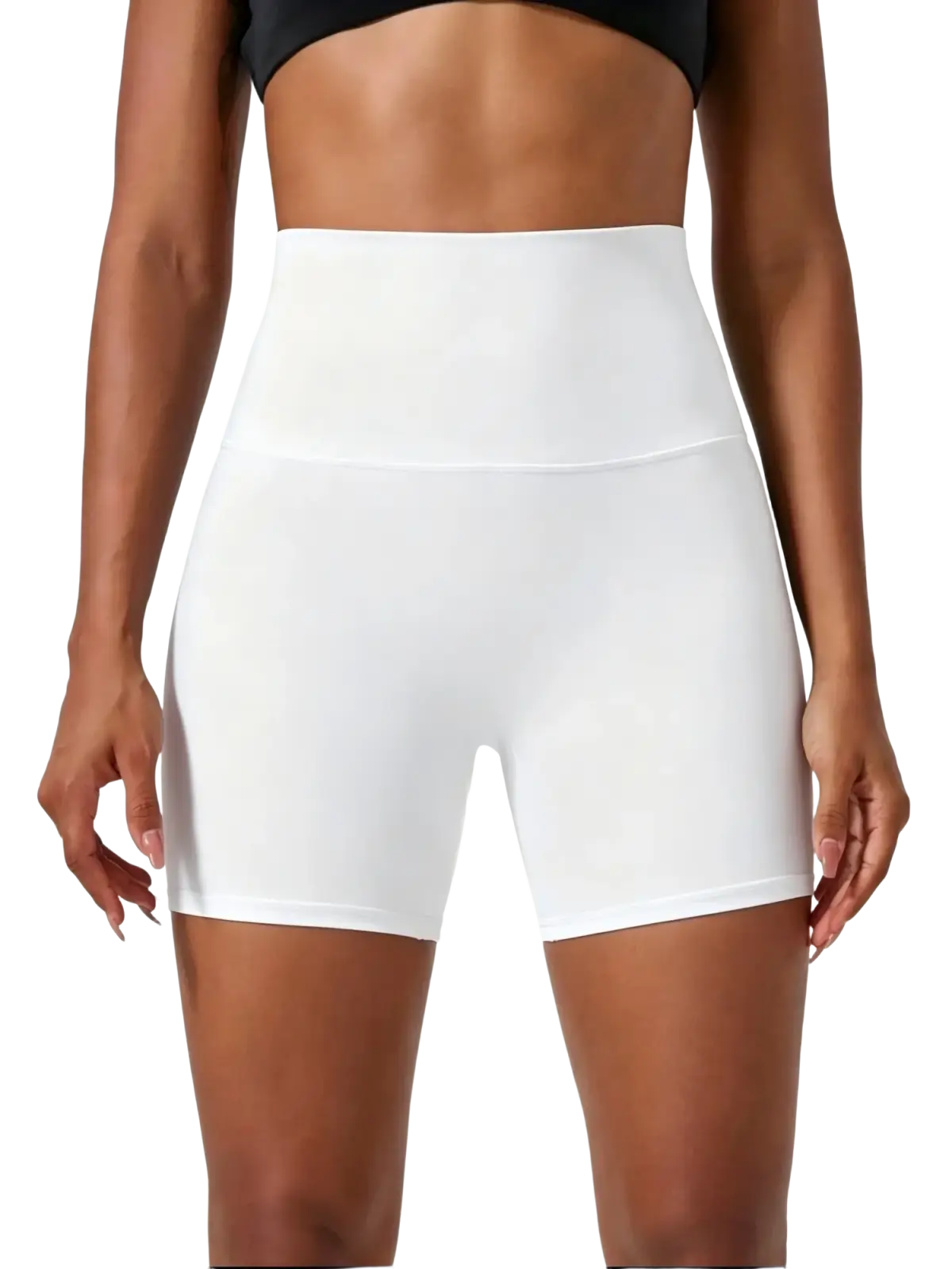 White high waisted bike shorts with smooth stretchy fabric finish designed for athletic use