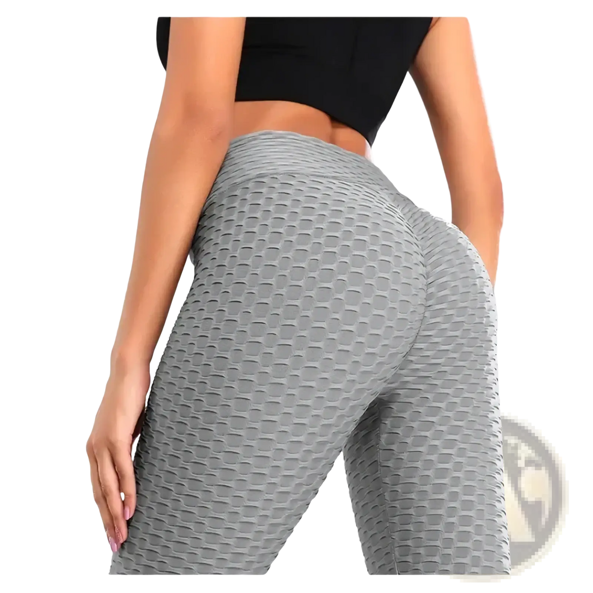 Women high waisted compression yoga leggings in gray textured fabric with a honeycomb pattern
