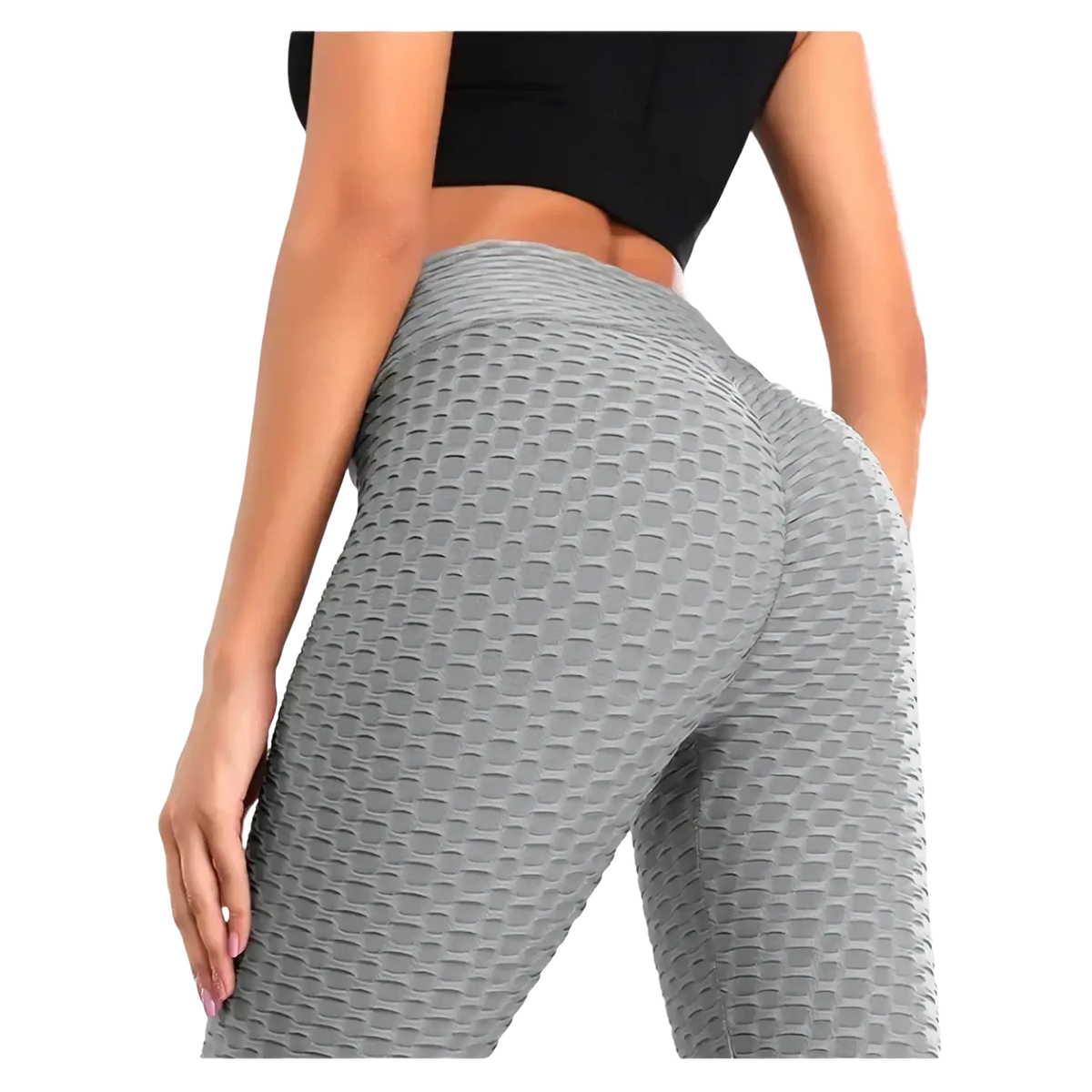 Women high waisted compression yoga leggings in gray textured fabric with a honeycomb pattern