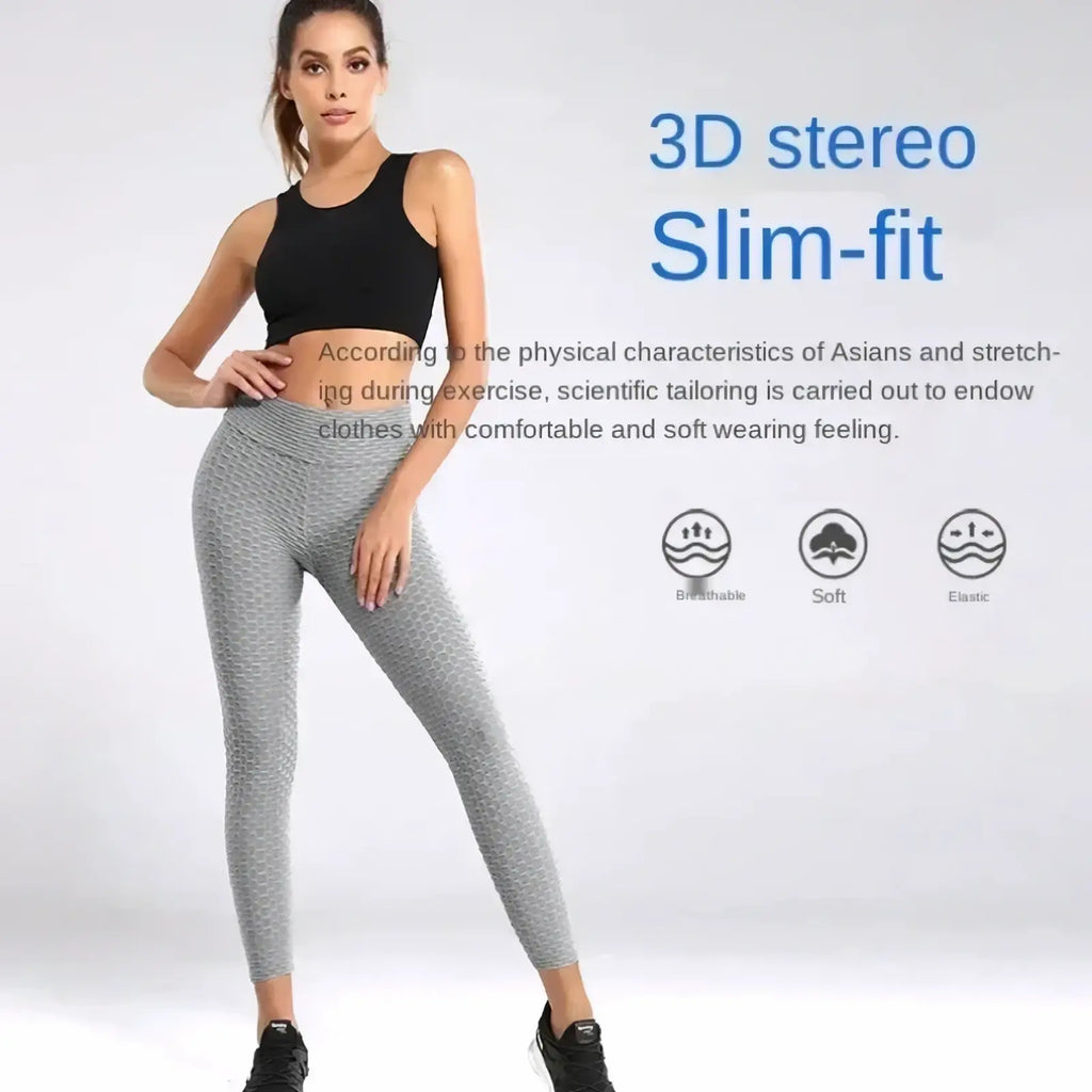 Women high waisted compression yoga leggings in gray textured 3d stereo slim fit designed for comfort and elasticity