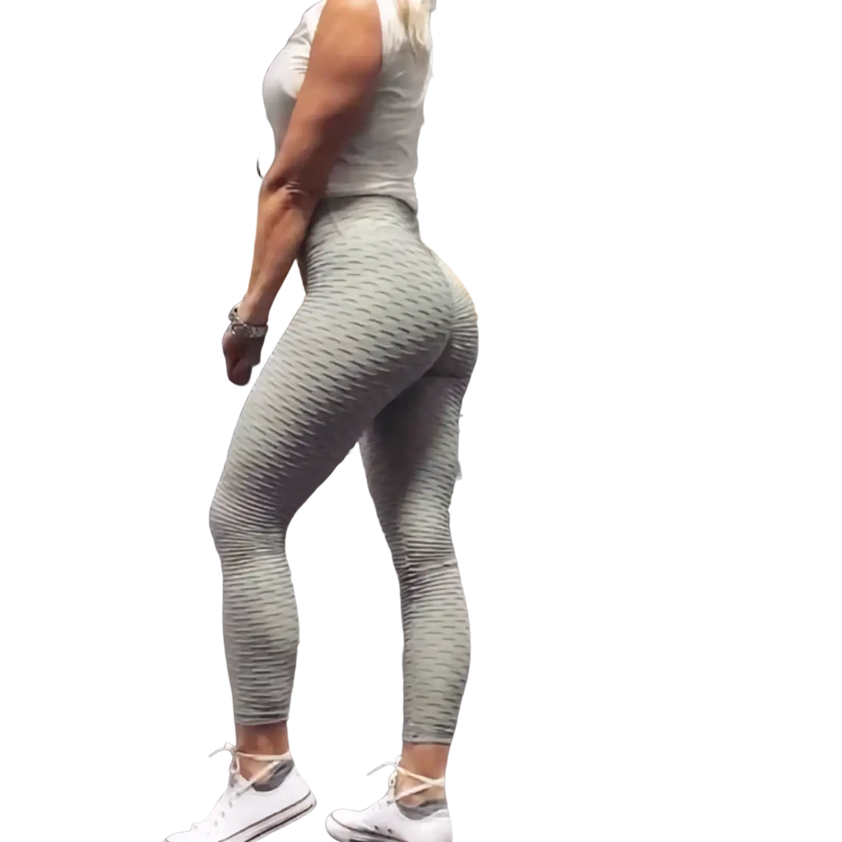 Women high waisted compression yoga leggings in light gray with ribbed textured fabric and form fitting design