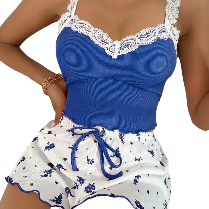 Women home wear lace pajama set featuring a blue ribbed knit top with white lace trim and matching blue floral drawstring shorts