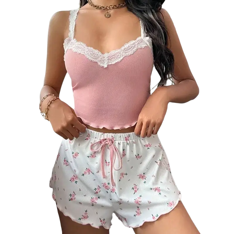 Pink ribbed camisole with white lace trim and scalloped hem for women home wear lace pajama set