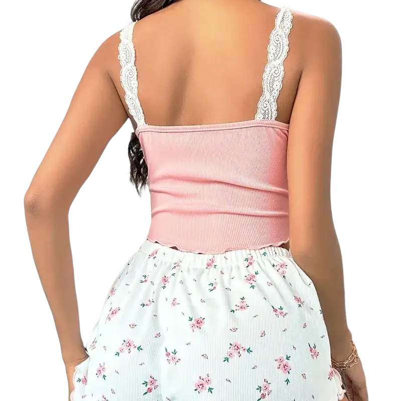 Pink ribbed crop top with white lace straps in women home wear lace pajama set for comfortable home wear