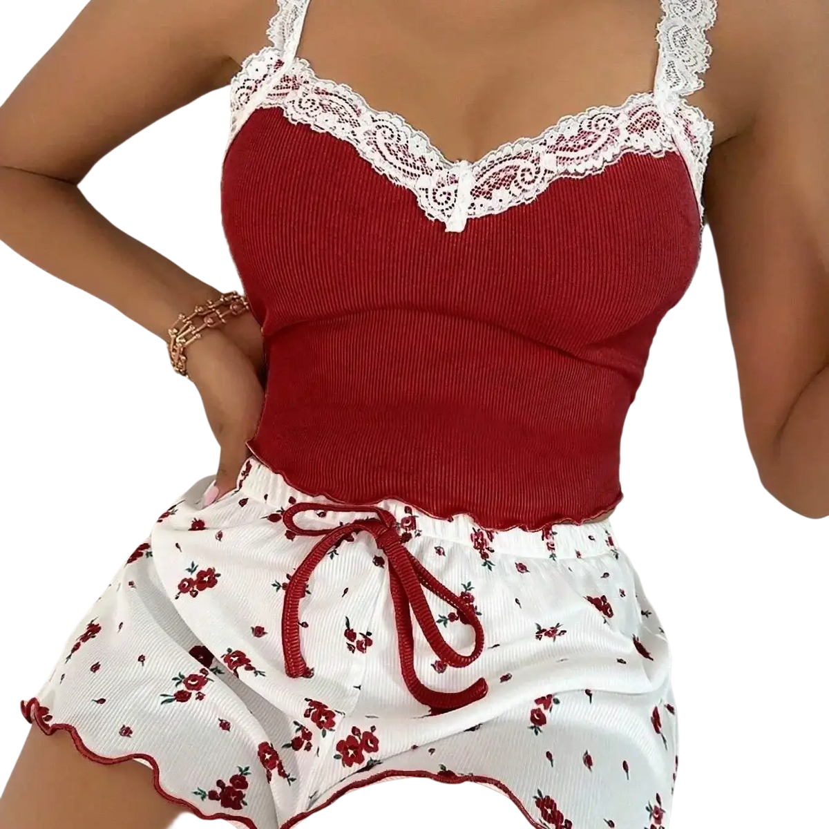 Women home wear lace pajama set with red ribbed camisole and white lace trim paired with floral shorts and red drawstring waist