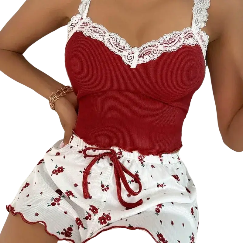 Women home wear lace pajama set featuring red ribbed camisole with white lace trim and matching floral shorts with red drawstring waist