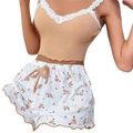 Women home wear lace pajama shorts in white with floral pattern ribbed texture scalloped hem and beige drawstring waistband