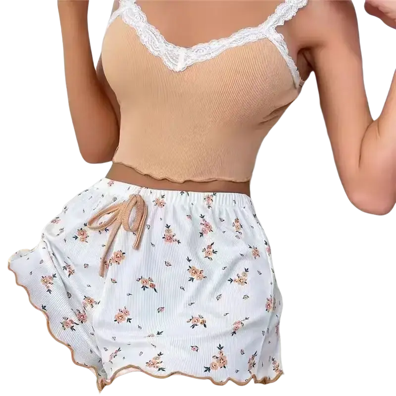 Women home wear lace pajama shorts in white with floral pattern ribbed texture scalloped hem and beige drawstring waistband