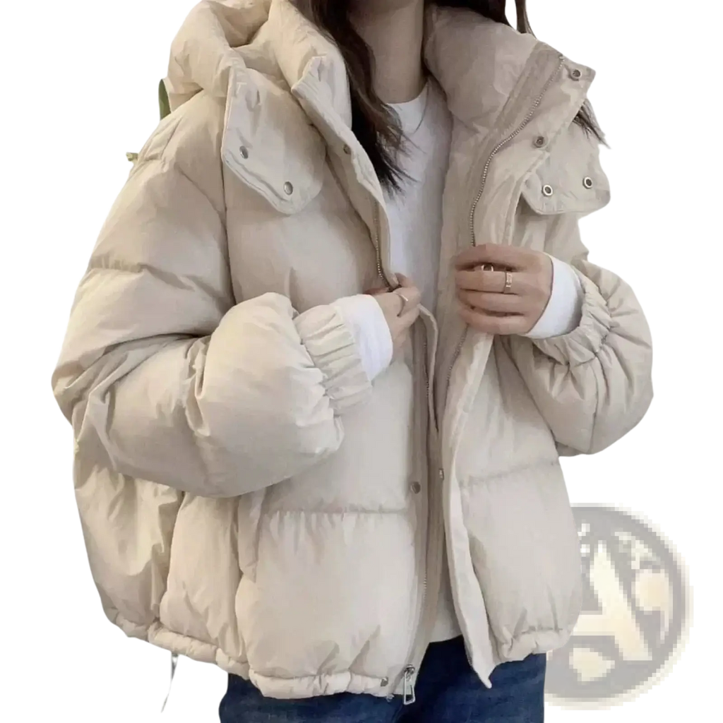 Women hooded cotton padded winter parka in beige with buttoned cuffs and front zipper closure in puffer style