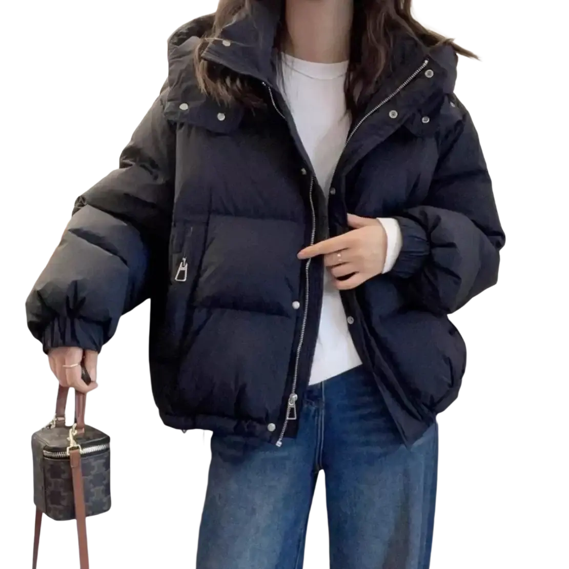 Women hooded cotton padded winter parka black puffer jacket with silver zipper and button details