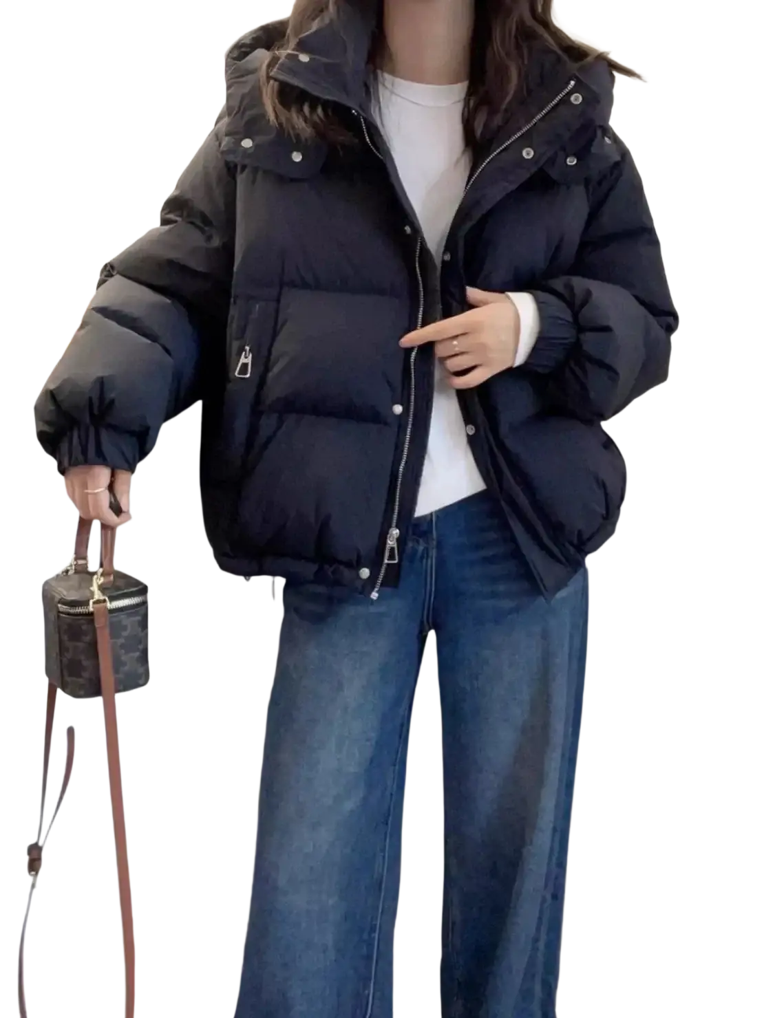 Black hooded cotton padded winter parka with silver zipper and button details designed for women