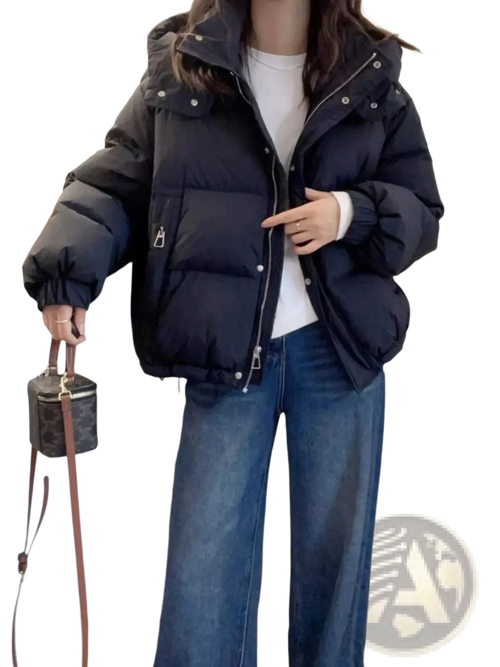 Black hooded cotton padded winter parka with silver zipper and button details designed for women