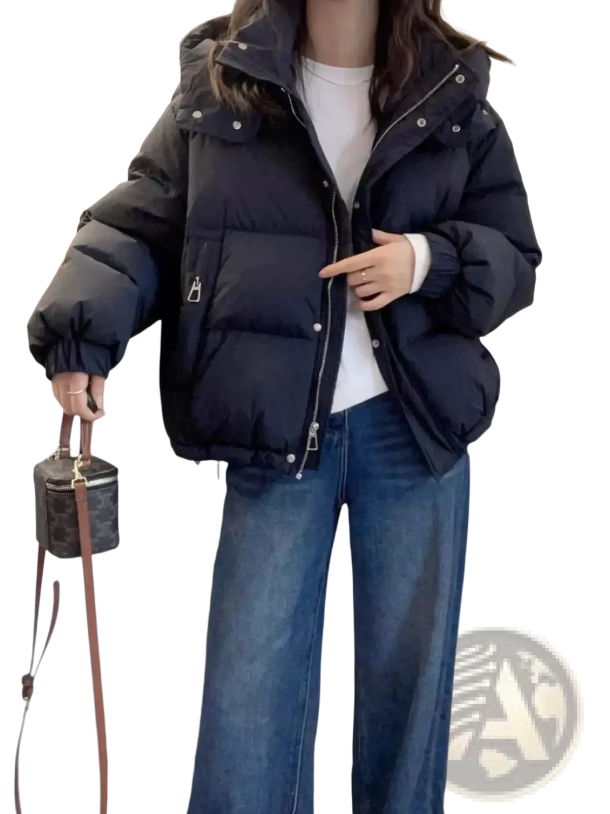 Black hooded cotton padded winter parka with silver zipper and button details designed for women