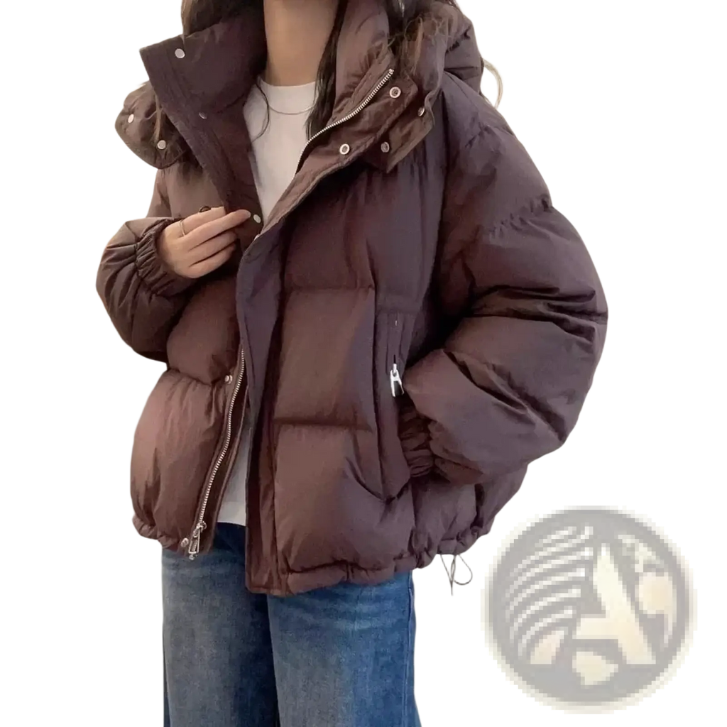 Women hooded cotton padded winter parka in cozy dark brown with silver zippers and a hood for cold weather use