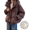 Women hooded cotton padded winter parka in cozy dark brown with silver zippers and a hood for cold weather use