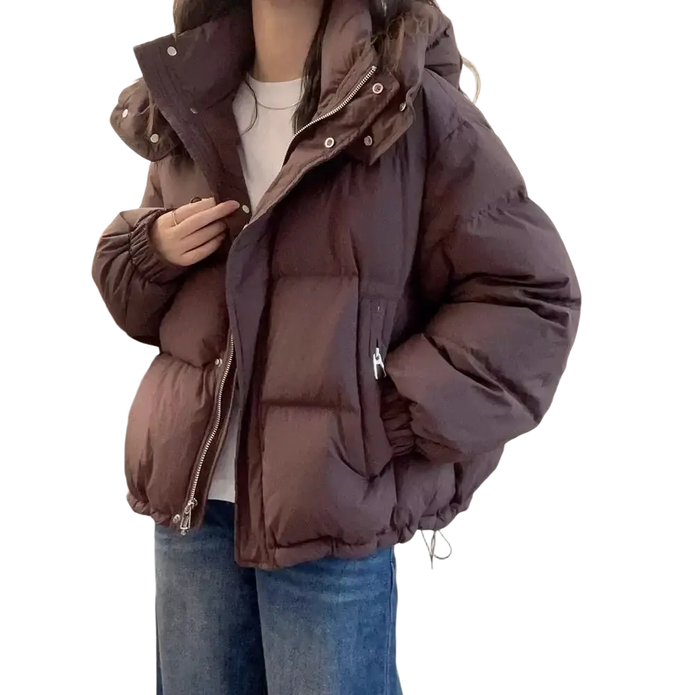 Women hooded cotton padded winter parka in cozy dark brown with silver zippers and a hood for cold weather use