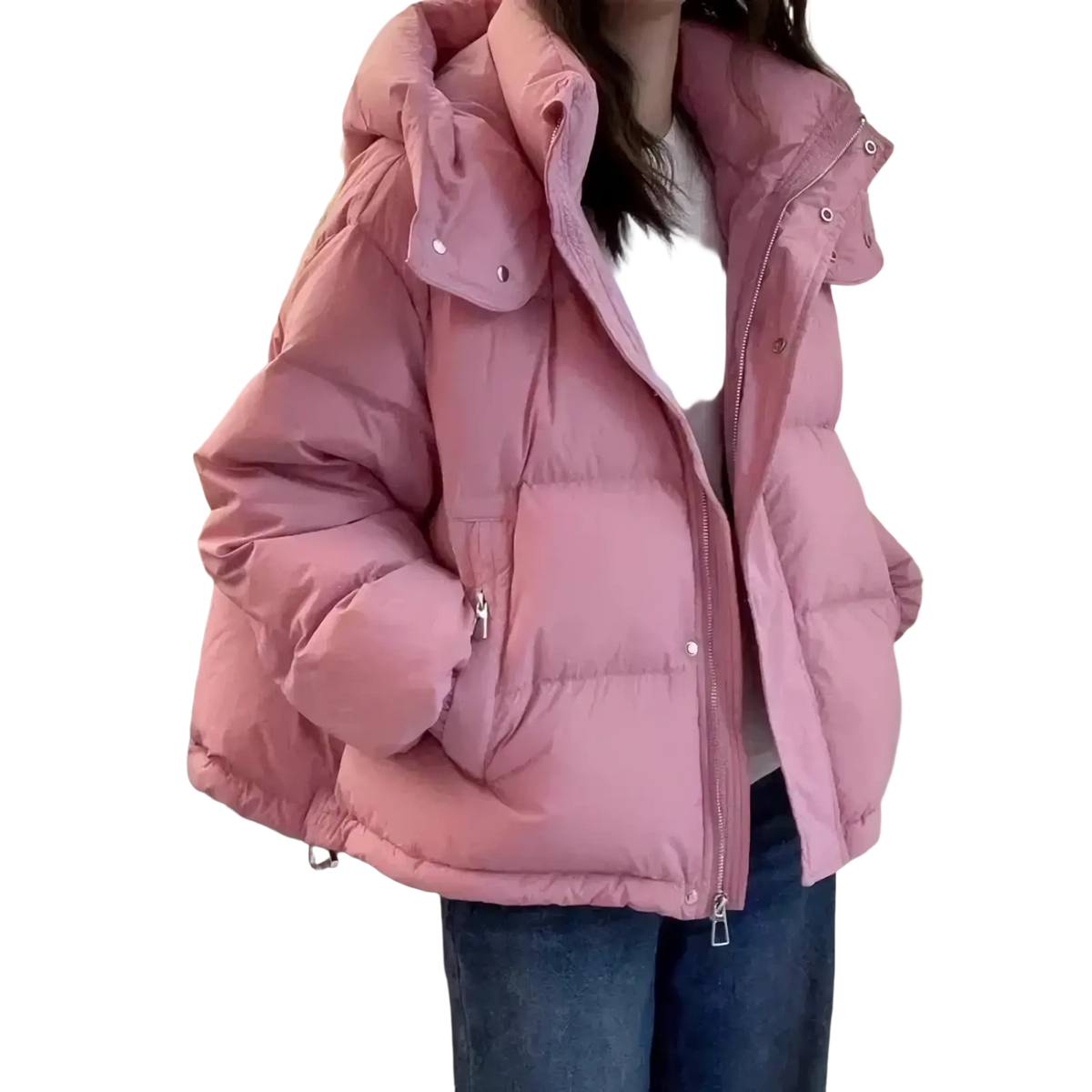 A cozy pink women hooded cotton padded winter parka with a detachable hood and front zipper closure