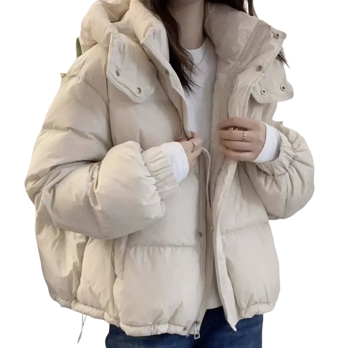 Cream-colored women hooded cotton padded winter parka with buttoned cuffs and front zipper closure