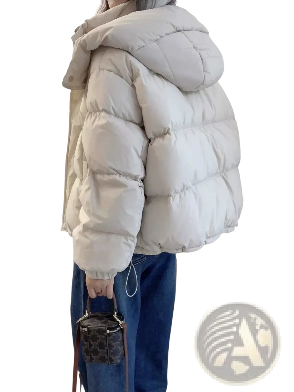 Cream-colored quilted cotton padded women hooded puffer jacket with elastic cuffs for winter wear