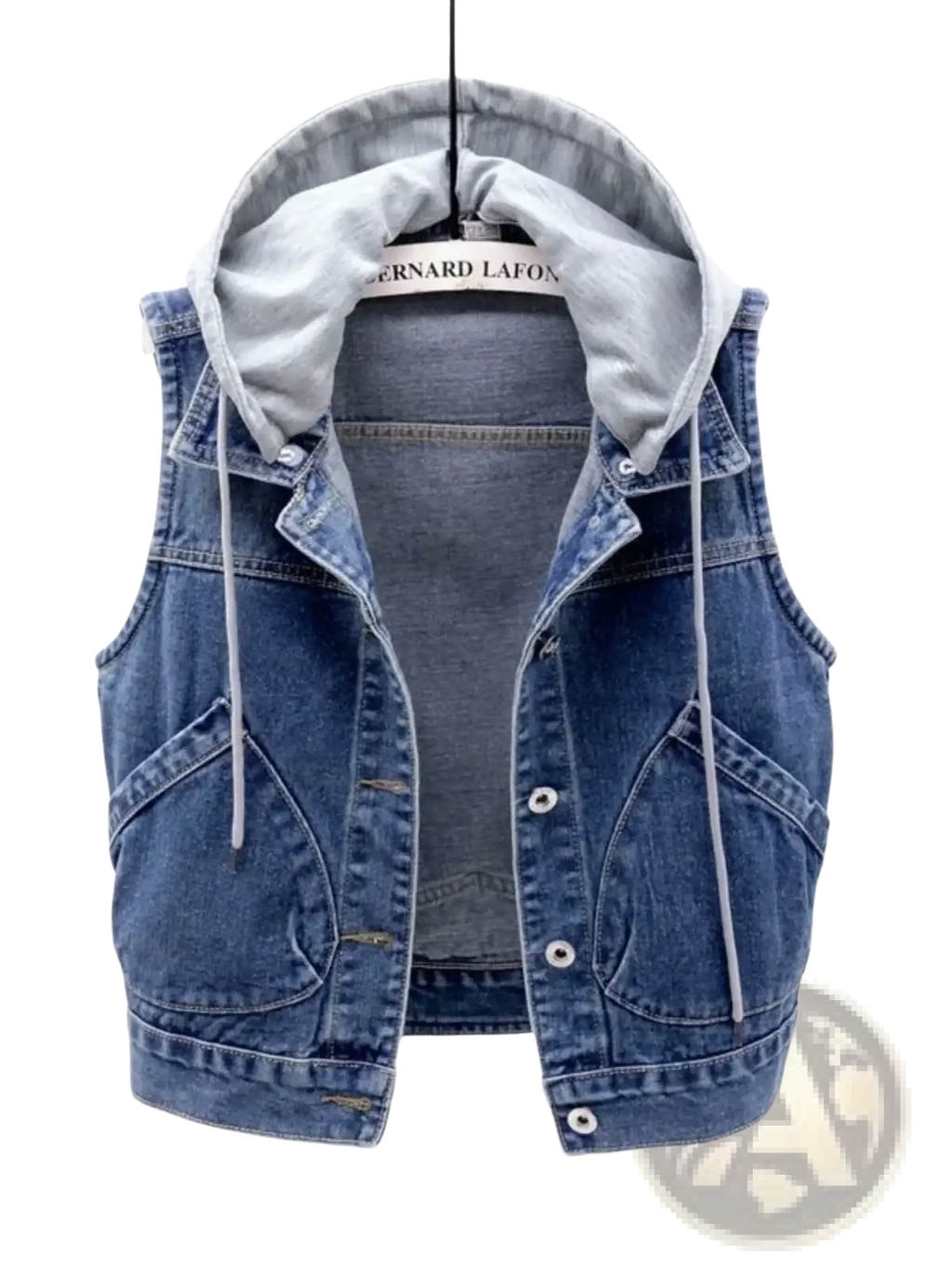 Women hooded denim vest casual summer sleeveless jacket with blue denim, gray hood, drawstrings, button closure, and pockets