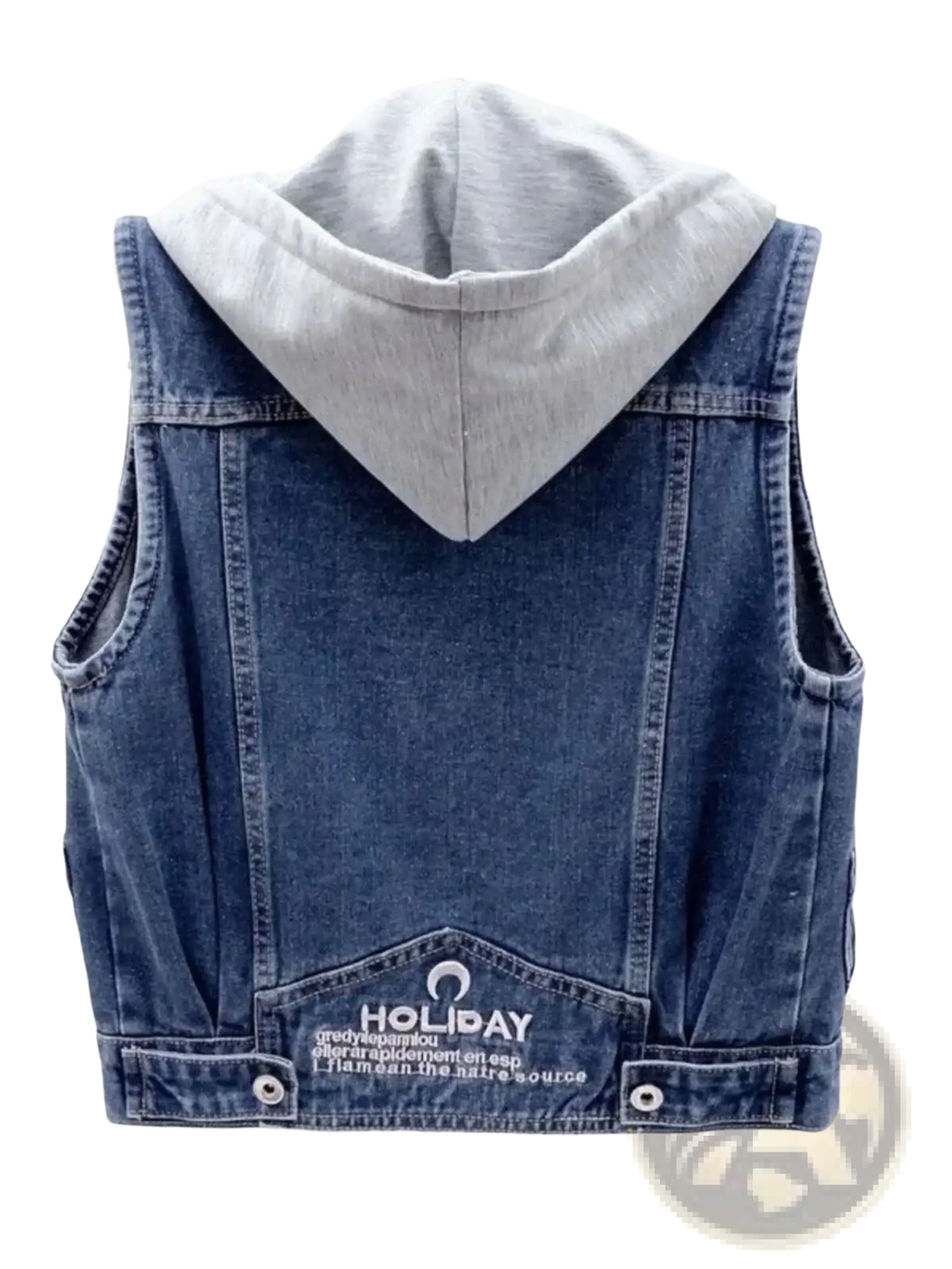 Back of women hooded denim vest in blue with gray hood and white embroidered holiday text casual summer sleeveless jacket
