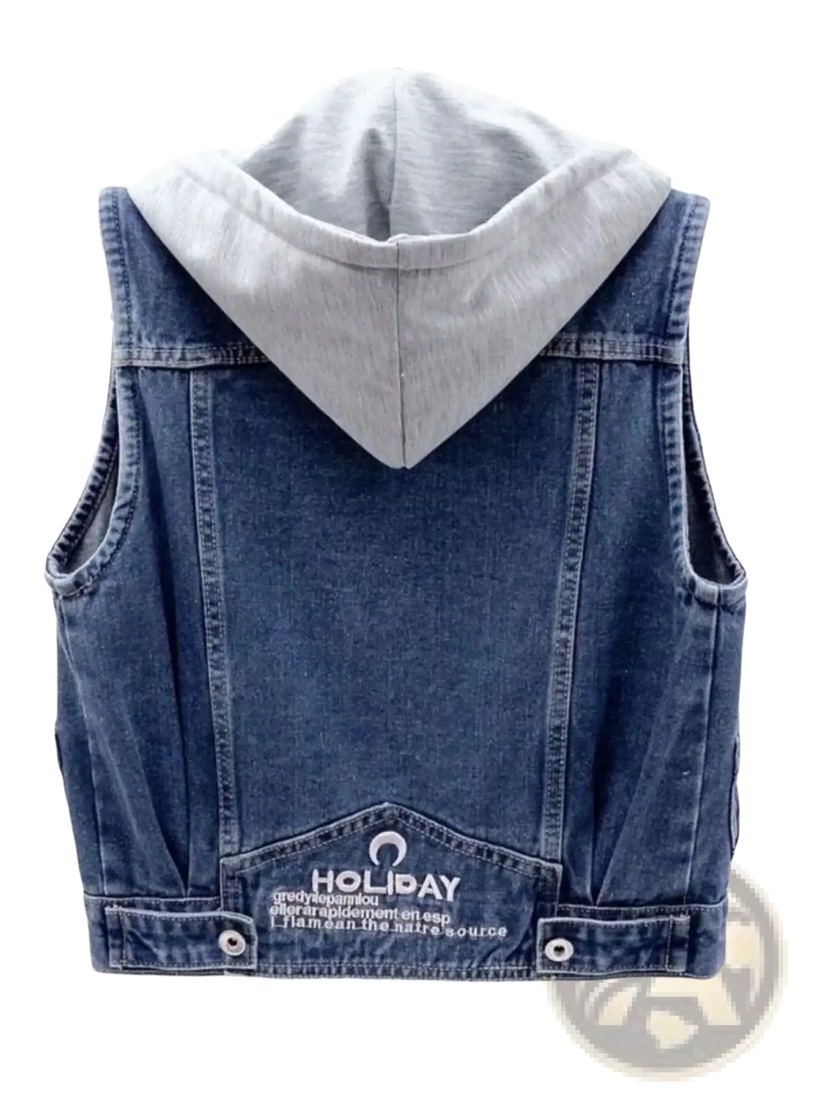 Back of women hooded denim vest in blue with gray hood and white embroidered holiday text casual summer sleeveless jacket