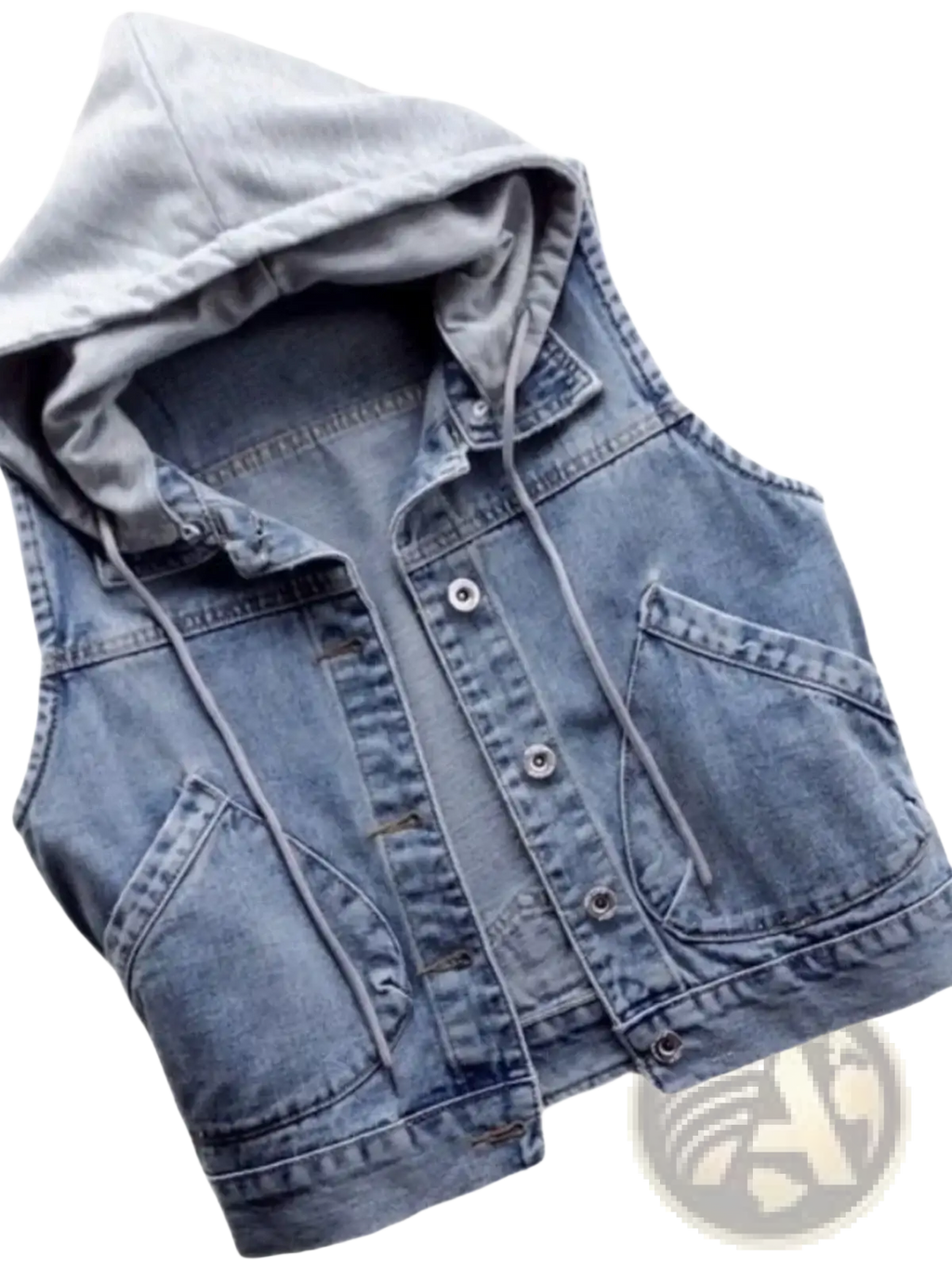 A light-wash denim vest for women featuring a hood and front button closure ideal for casual summer wear